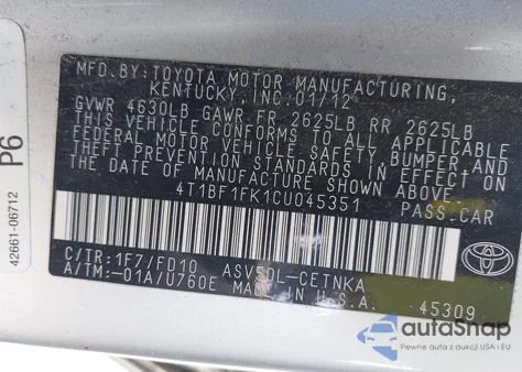 2012 Toyota Camry Le from USA, damaged, VIN 4T1BF1FK1CU045351